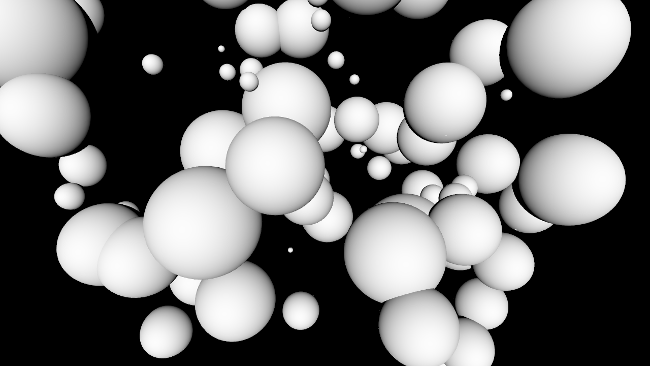 100 randomly placed and sized white spheres on a black background
