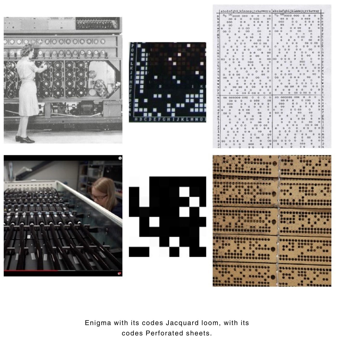 On top: An Enigma Machine’s Bomba in Bletchley Park, with Zygalski sheets examples; at the bottom: the TC2 loom, a weave structure code and an old Jacquard perforated sheet.