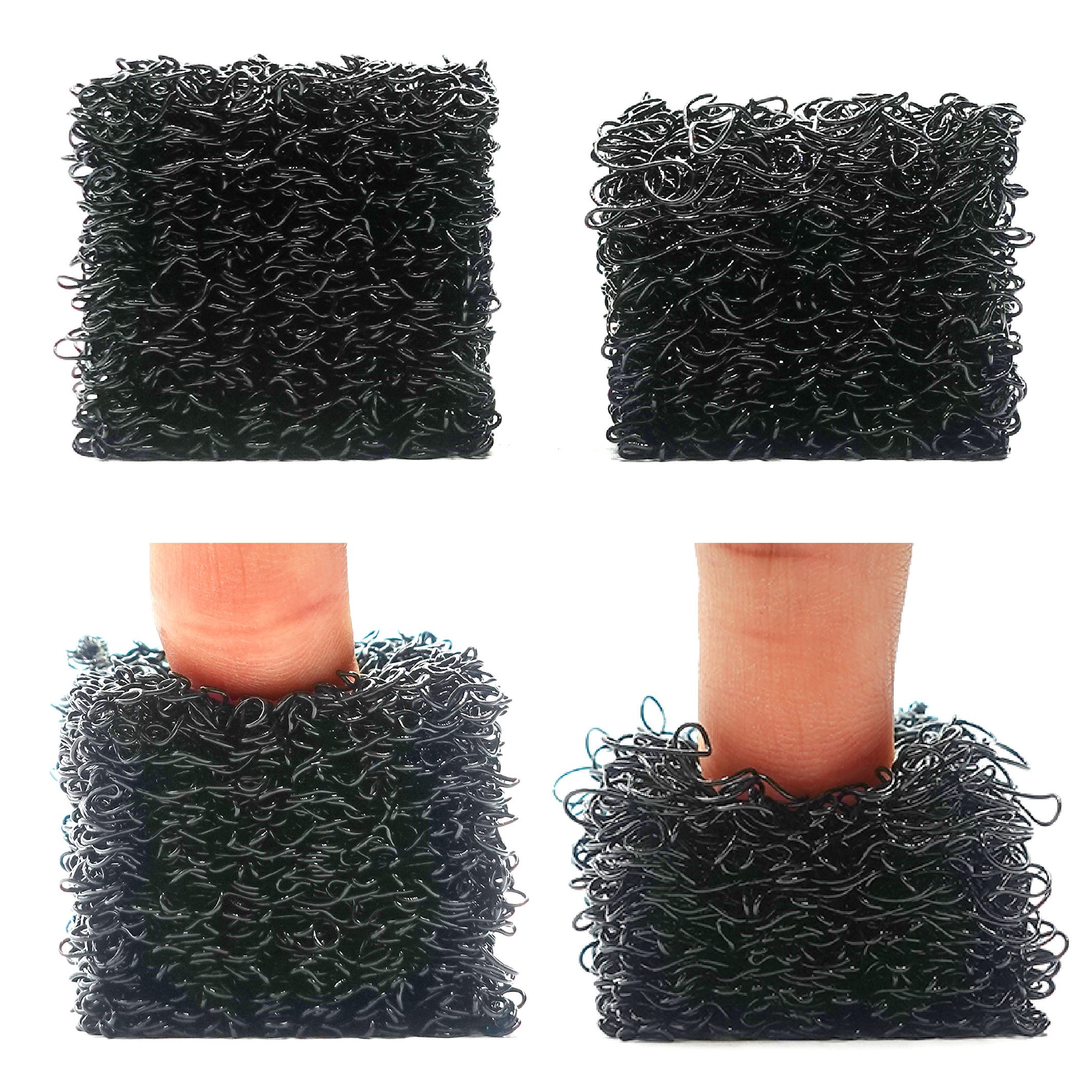 Figure 5: By varying the size and density of coils, we can print foams with different mechanical properties. The process parameters here were determined through open-ended exploration of coiling patterns.