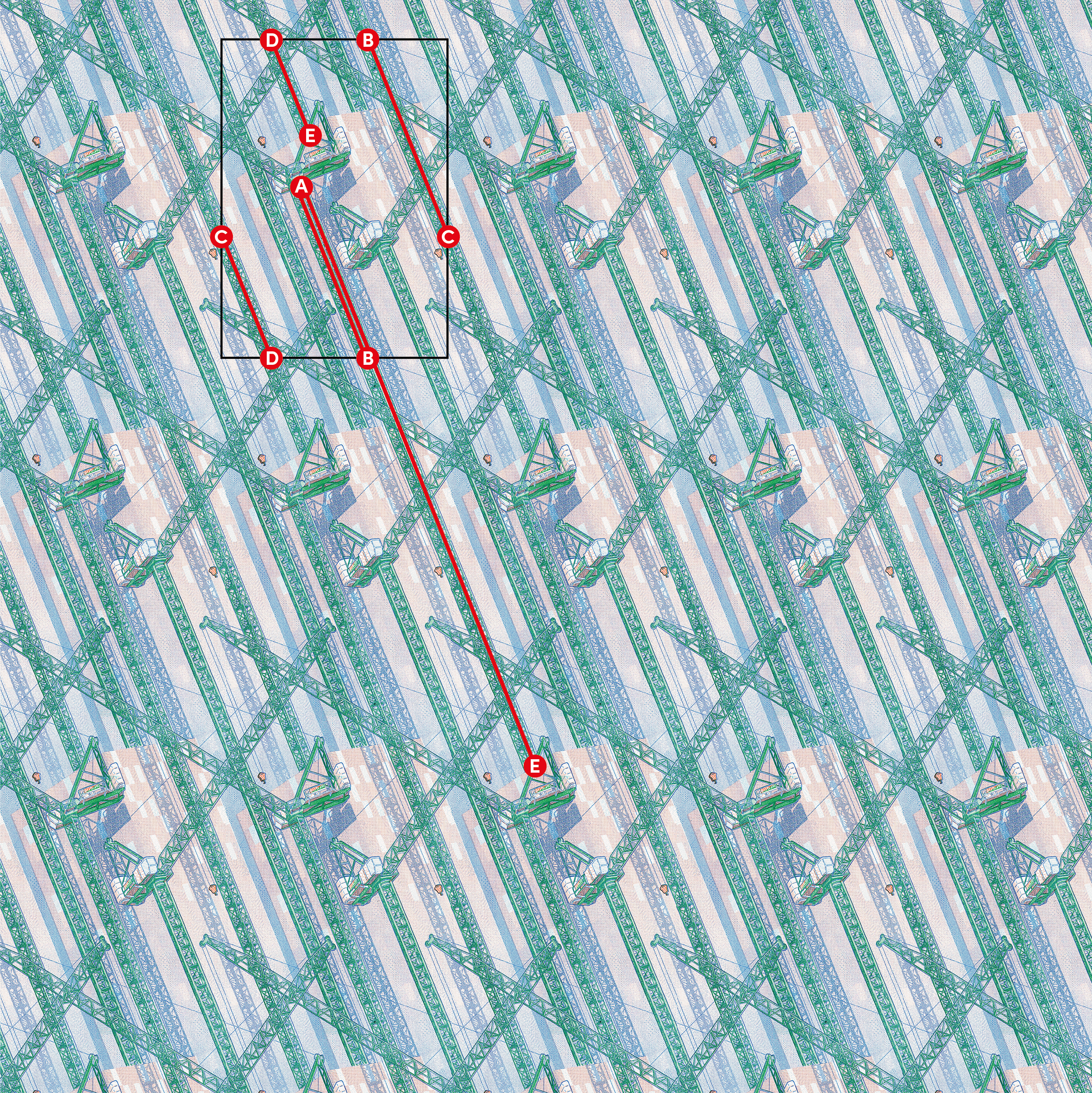 An illustrated pattern of tower cranes covered with an indexed diagram