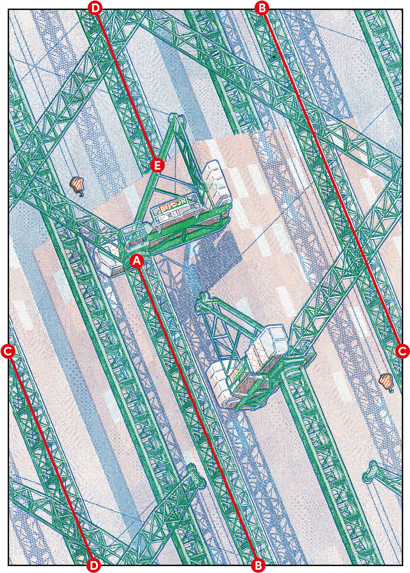 An illustrated scene of tower cranes covered with an indexed diagram