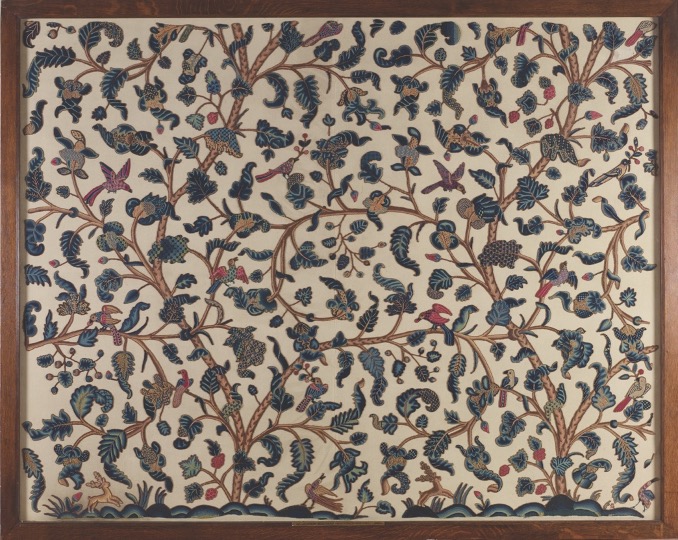 Figure 4. Jacobean Bedspread, LCNUG:1927/30, 236 cm x 188 cm, part of The Collection Museum’s textile collection. Jacobean embroidered bedspread, ornately decorated with merl stitching – intertwining branches and foliage with birds perched on and picking fruit from the boughs. It was heavily restored in 1874. Photo credit: David Rowen.