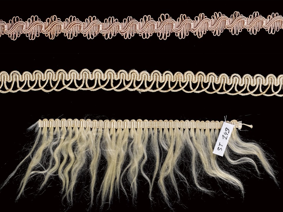 Figure 1. Images of passementerie braids and fringe at MoMu - Fashion Museum Antewerp. Images by Stany Dederen, licensed under CC BY-SA 4.0. Combined into one image from three images located here, here, and here.