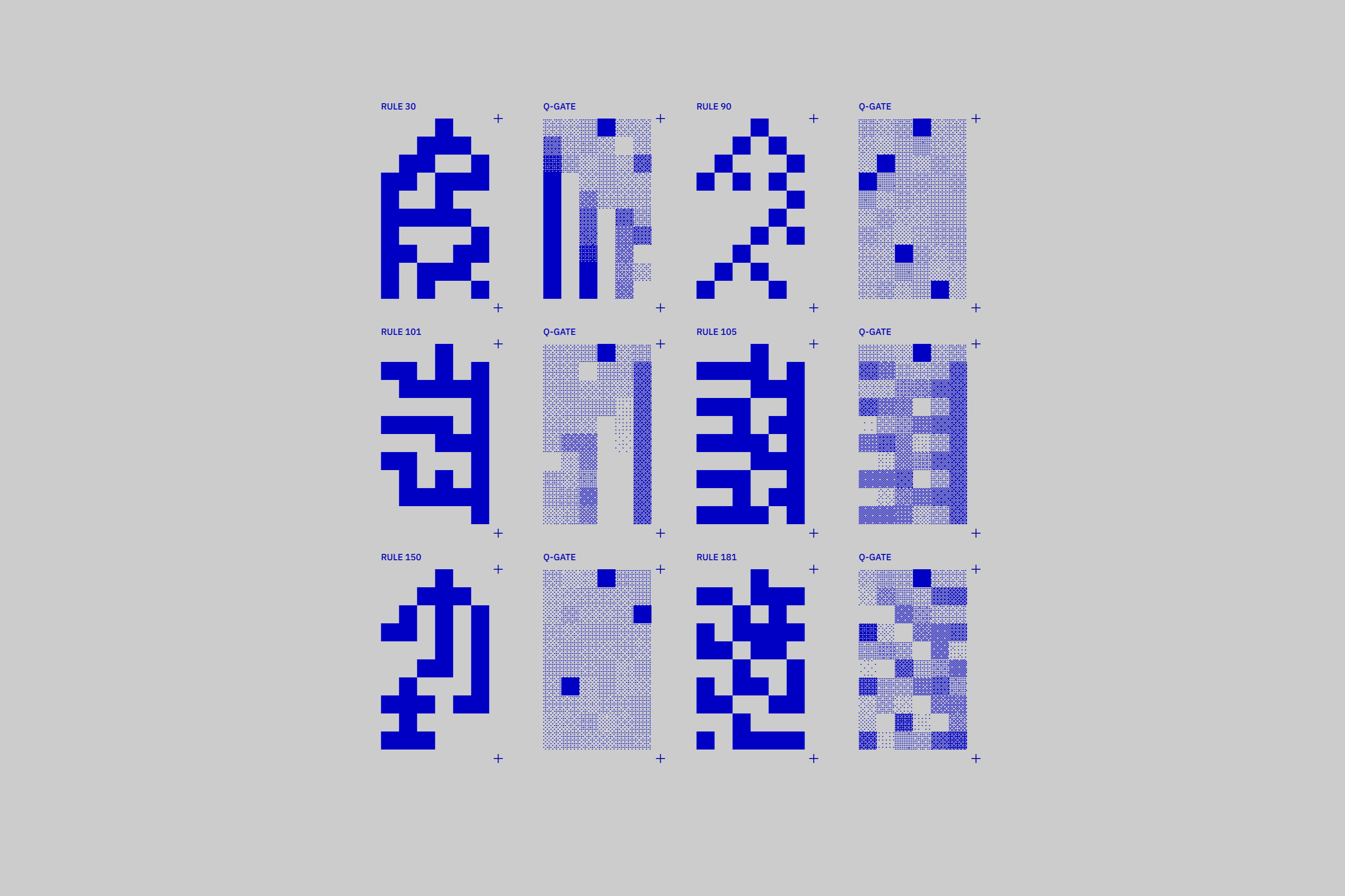 Figure 5: Visualizations and sonifications of elementary cellular automata, using classical iterations on the left, and superposition on the right. Generation is made with Qiskit, sounds and visuals were made with Javascript and WebAudio. Video available here