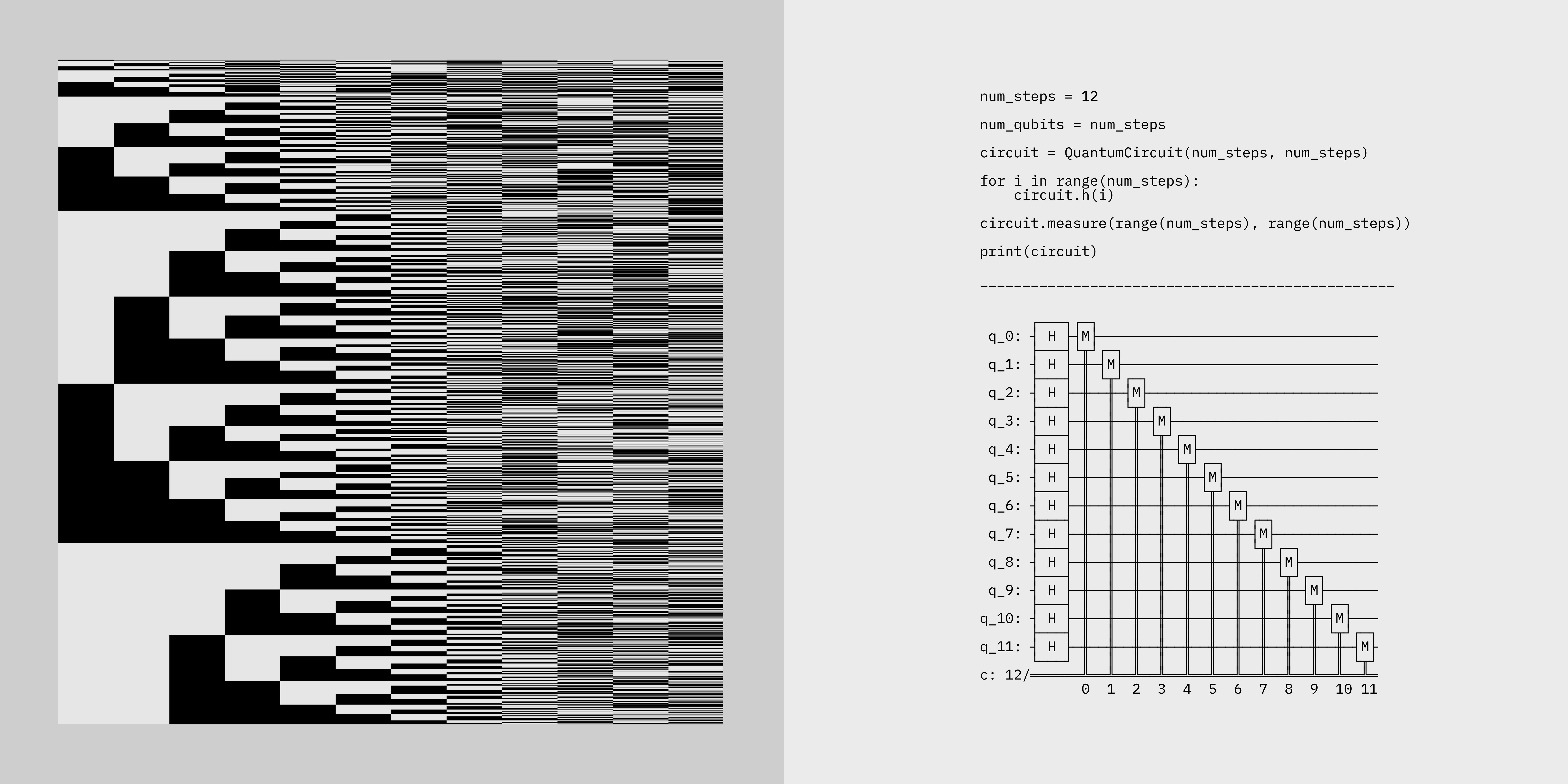Figure 4: Visualizing multiple possible outcomes of a twelve-step quantum walk sequence simultaneously, as they are collapsed upon measurement on a quantum processor (IBM Eagle QPU)