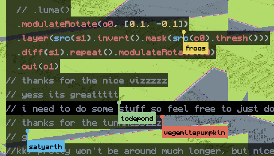 Figure 1: Four people collaborate within the pastagang room. They write code comments about how nice the visuals are.