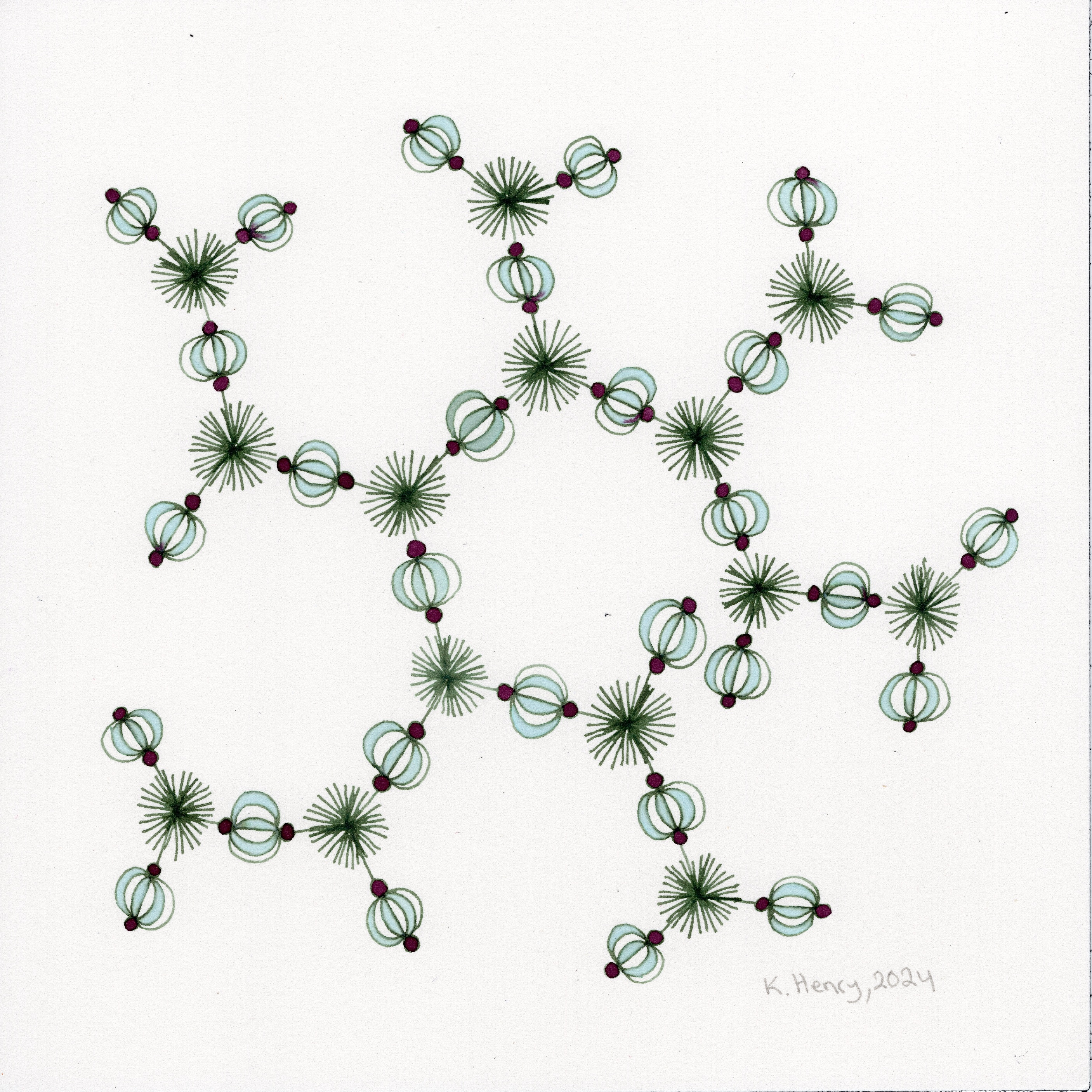Figure 7: Hand drawn procedural art inspired by chemistry diagrams and atomic bonding angles.